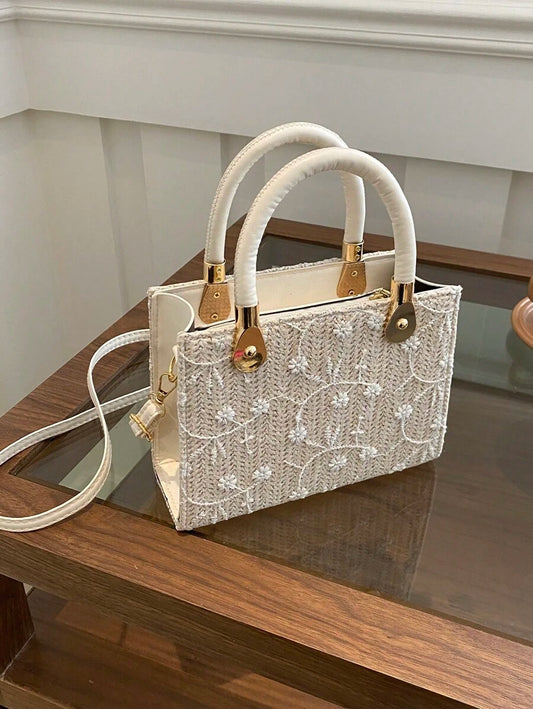 SHEIN حقيبة يد قش منسوجة مطرزة بنمط حجري بسحاب