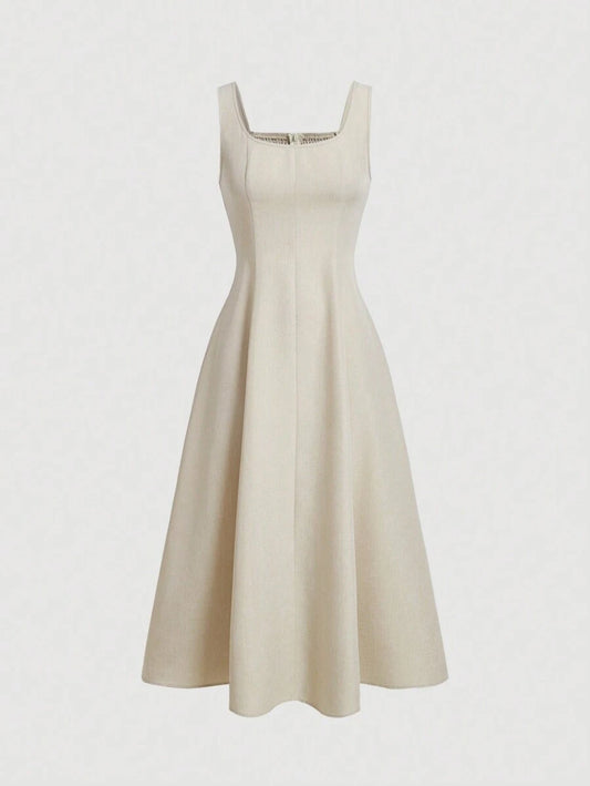 SHEIN MOD فستان صيفي بلون بيج دافئ بدون أكمام