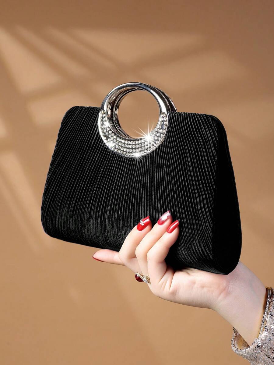 SHEIN REMANLAND حقيبة دلو سوداء مزينة بالراين ستون وخرز