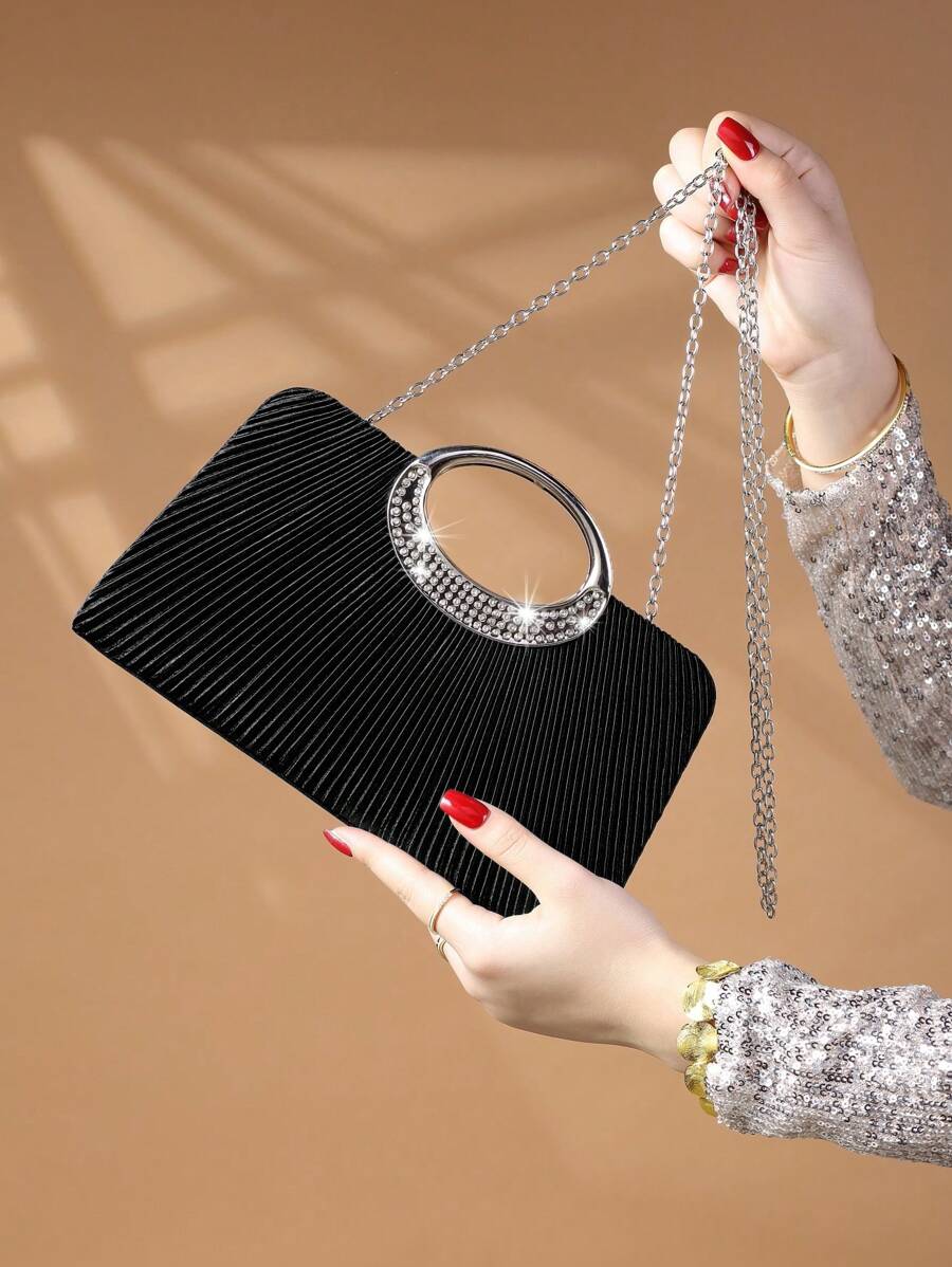 SHEIN REMANLAND حقيبة دلو سوداء مزينة بالراين ستون وخرز