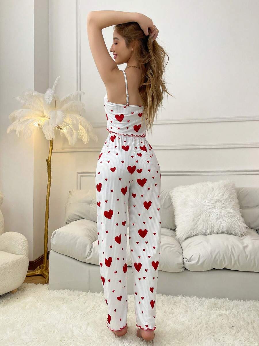 SHEIN Dream Adore مجموعة بيجاما بنطلون طويل وكامي بطبعة القلب للنساء أبيض