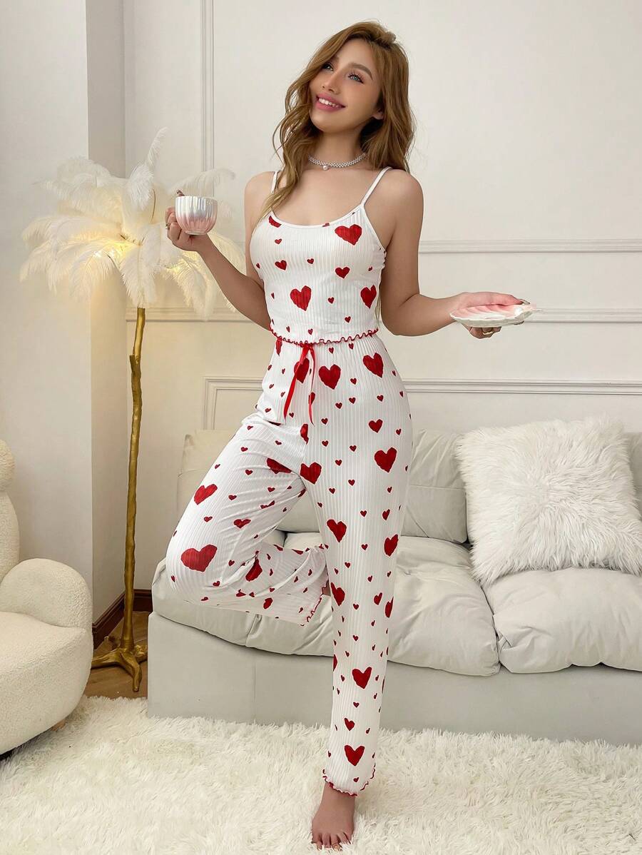 SHEIN Dream Adore مجموعة بيجاما بنطلون طويل وكامي بطبعة القلب للنساء أبيض