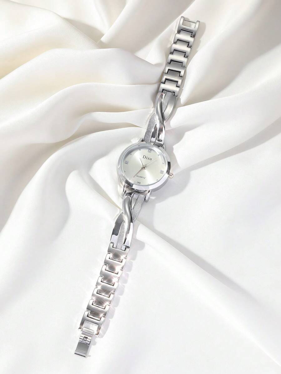 SHEIN DISU ساعة نسائية كاجوال فضي ستانلس كوارتز ماس