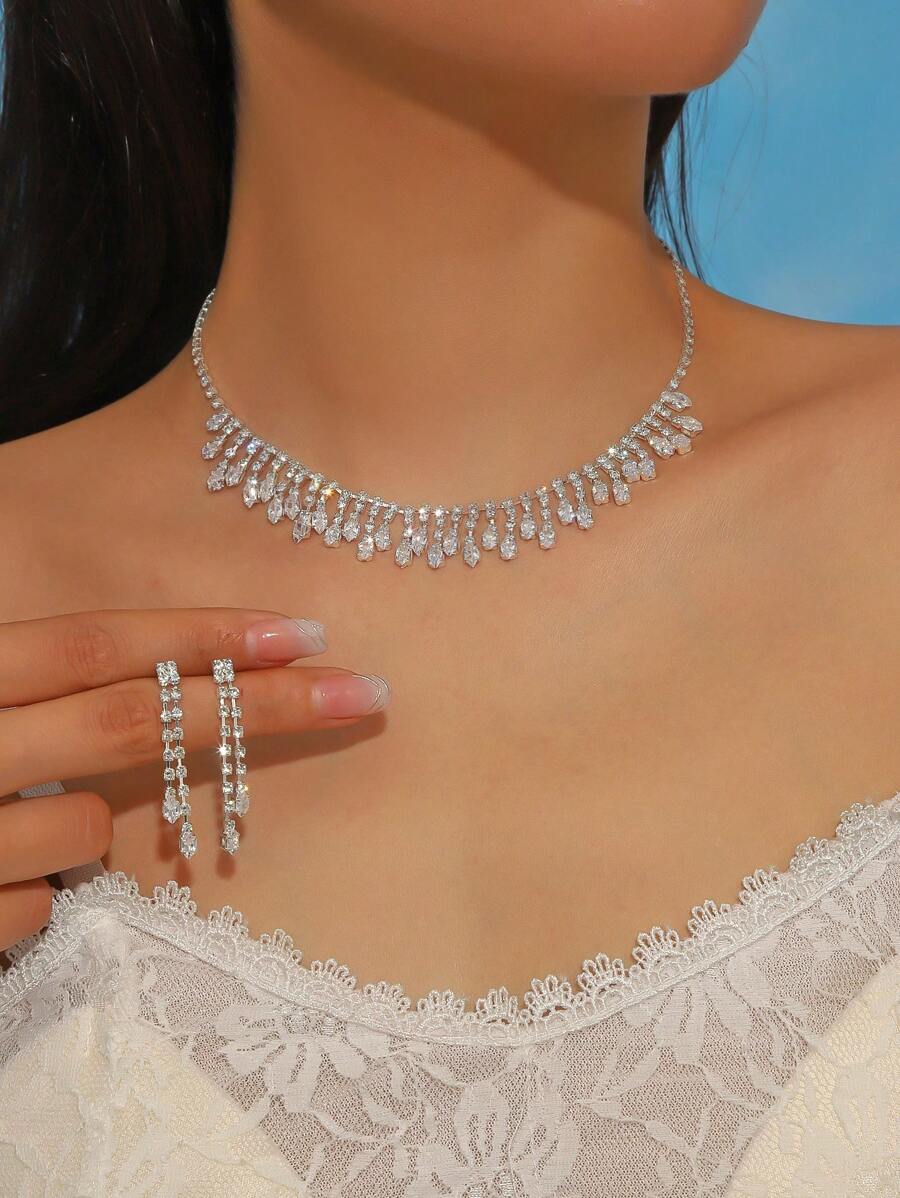 SHEIN طقم مجوهرات فضي قلادة وأقراط براينستون