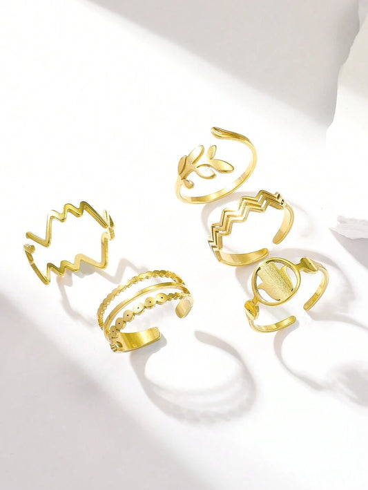 SHEIN طقم 5 خواتم ستانلس ستيل موجي وورق ونخيل