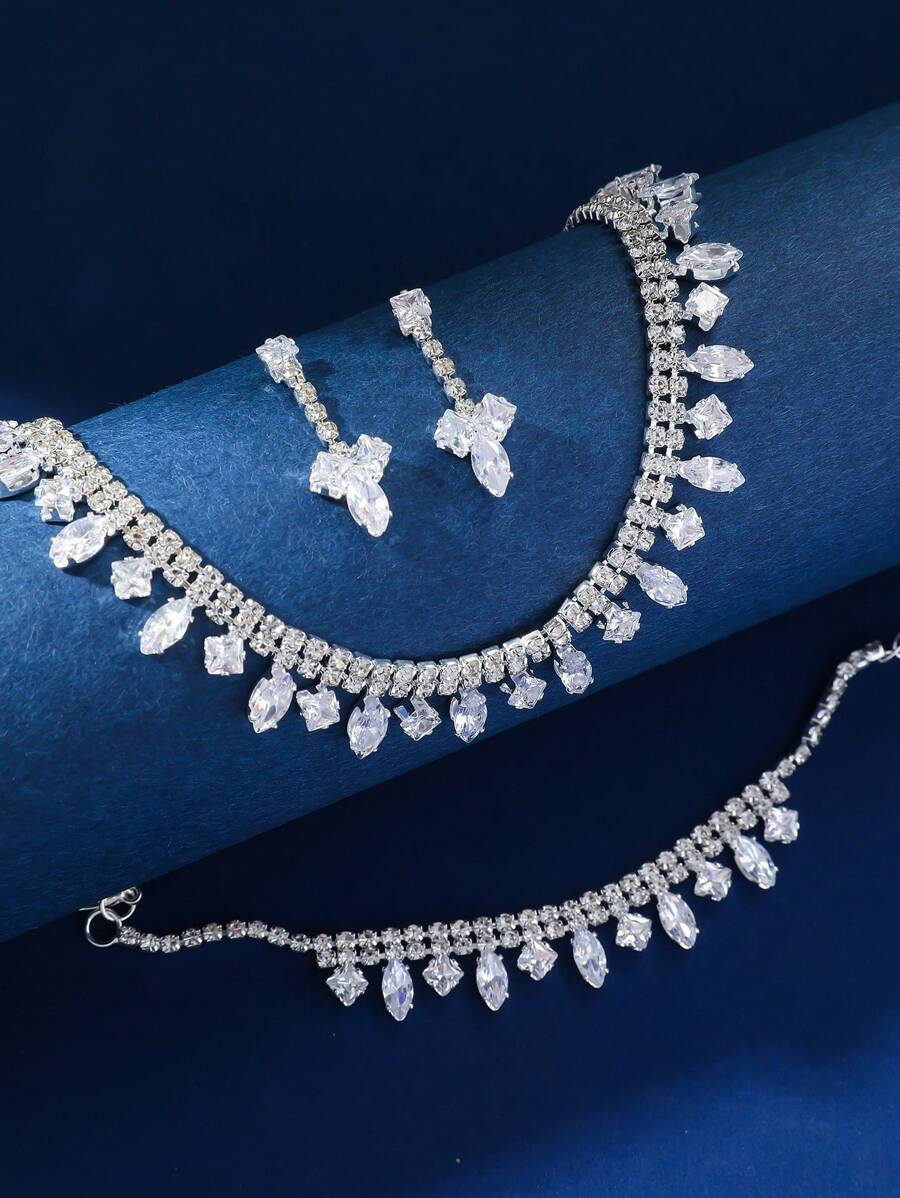 SHEIN مجموعة مجوهرات 4 قطع فضية بكريستال وزركونيا