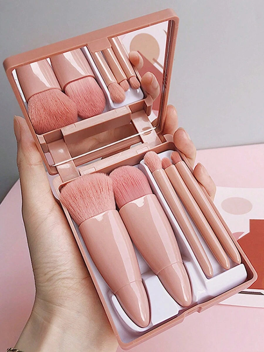 SHEIN مجموعة مكونة من 5 فرش مكياج ومرآة مكياج محمولة للسفر