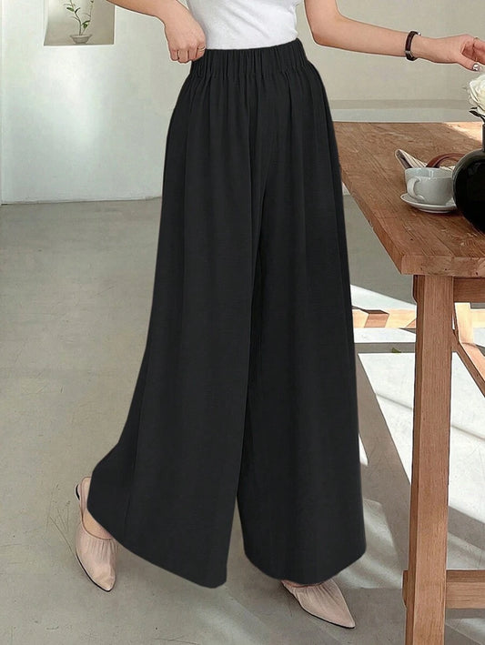 SHEIN DAZY بنطلون أسود طويل بساق واسعة وخصر مطاطي منسوج