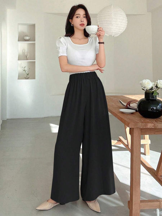SHEIN DAZY بنطلون أسود طويل بساق واسعة وخصر مطاطي منسوج