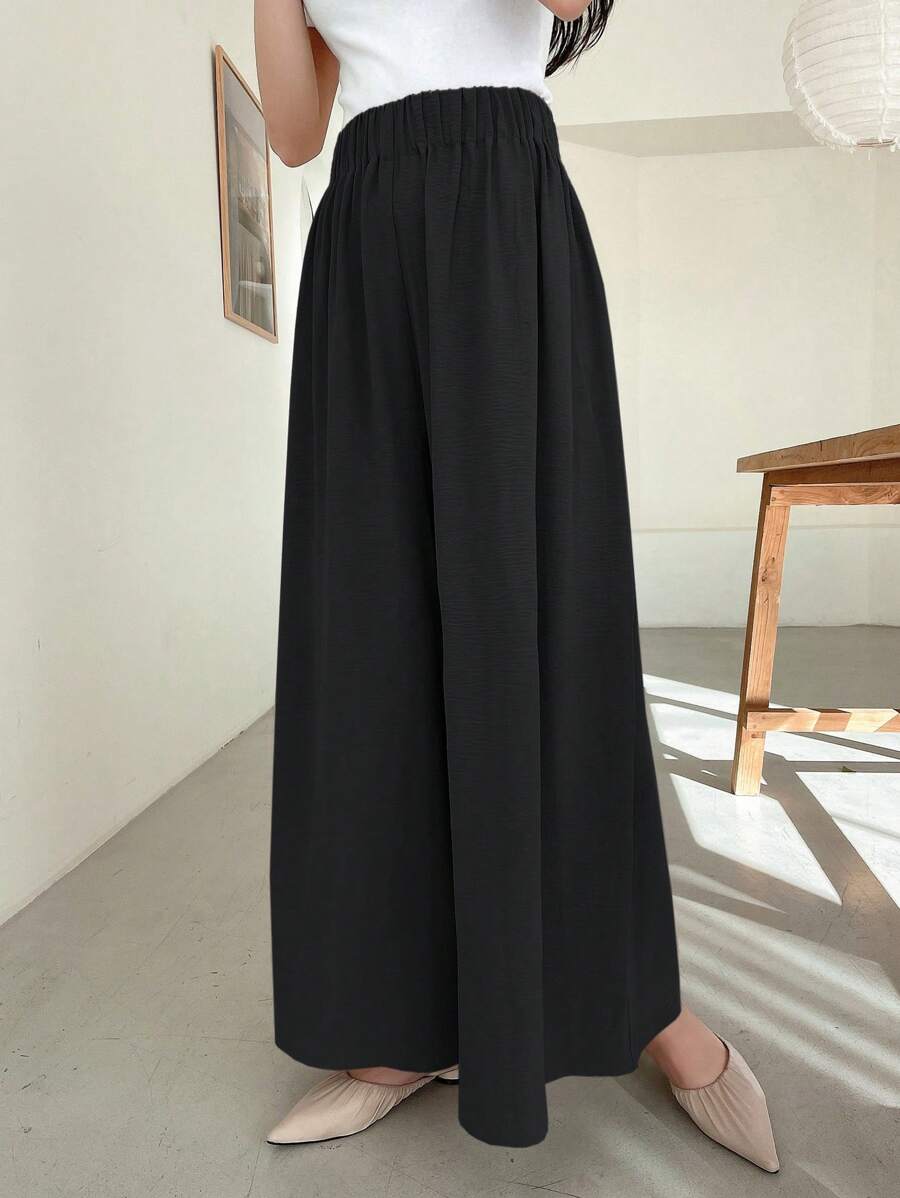 SHEIN DAZY بنطلون أسود طويل بساق واسعة وخصر مطاطي منسوج