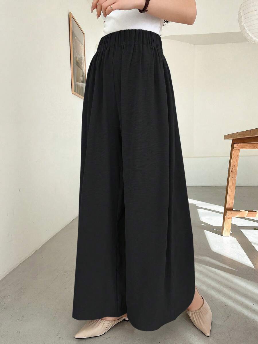 SHEIN DAZY بنطلون أسود طويل بساق واسعة وخصر مطاطي منسوج