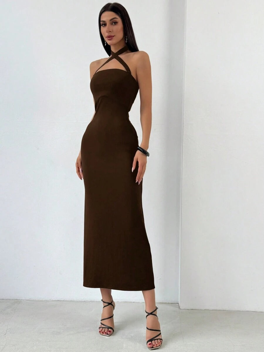 SHEIN Aloruh فستان صيفي ضيق بدون أكمام بقصة هالتر ورباط عنق ولون بني