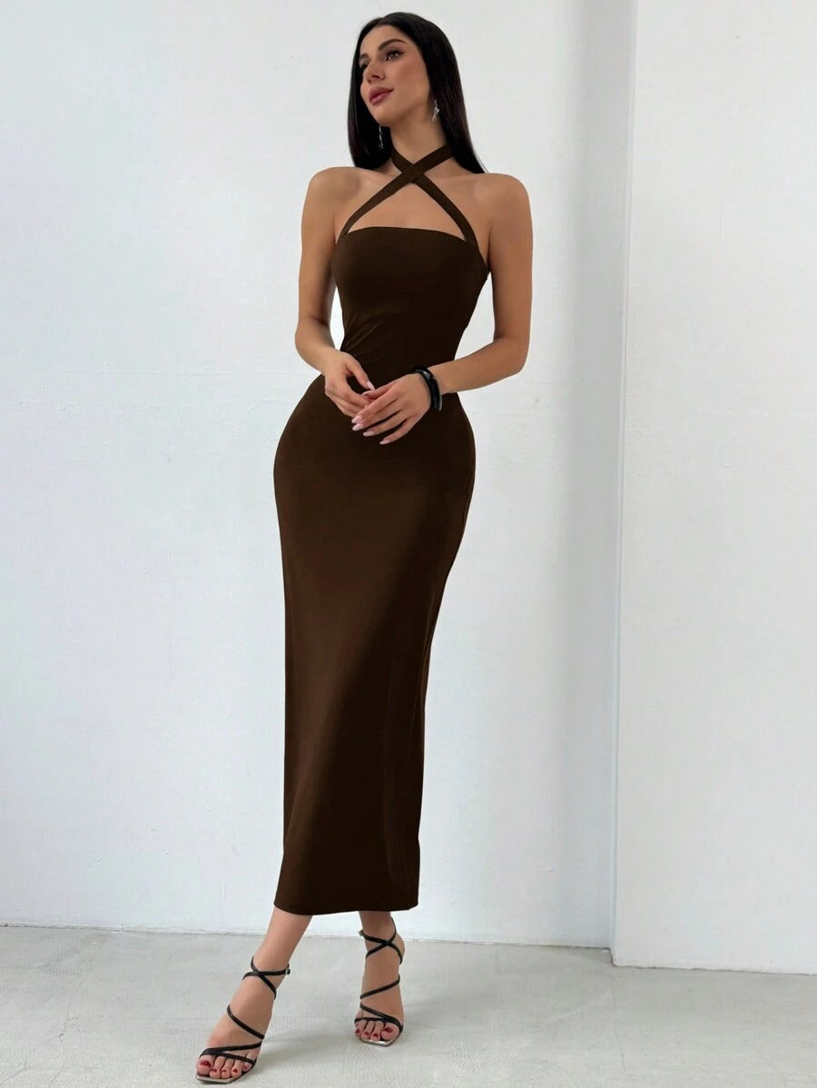 SHEIN Aloruh فستان صيفي ضيق بدون أكمام بقصة هالتر ورباط عنق ولون بني
