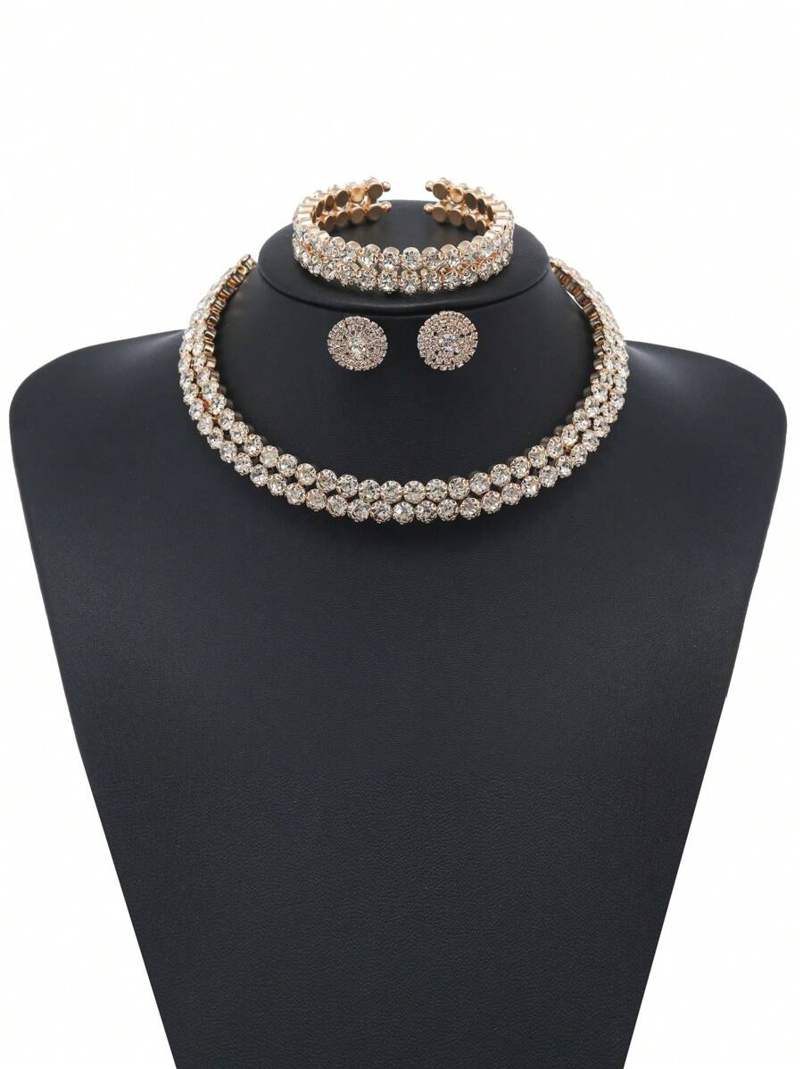 SHEIN مجموعة مجوهرات 4 قطع ذهبية مرصعة راين