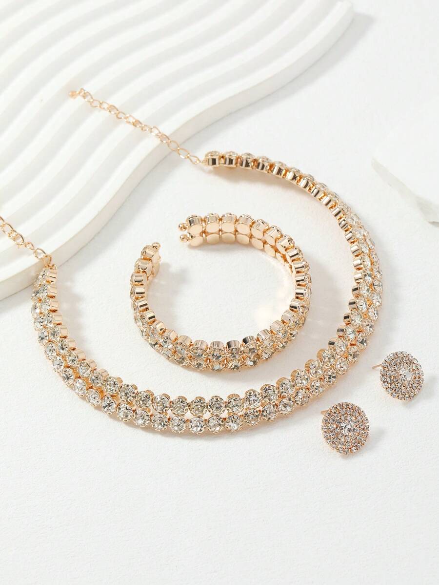 SHEIN مجموعة مجوهرات 4 قطع ذهبية مرصعة راين