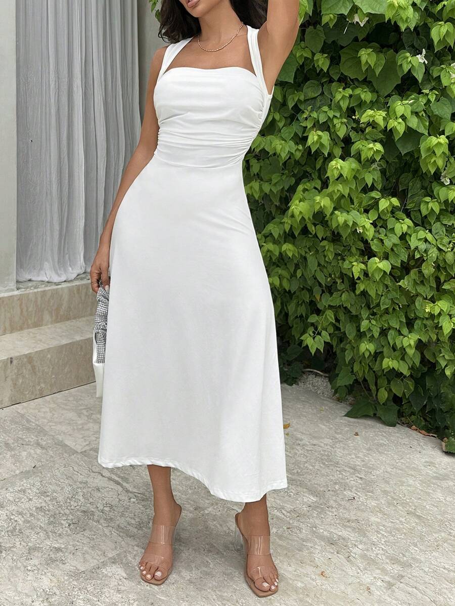 SHEIN فستان أبيض متوسط الطول بطيات