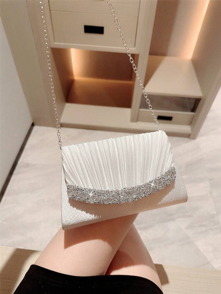 SHEIN حقيبة دلو فضية مزينة بالراين ستون وخرز بسحاب