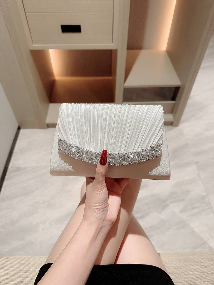 SHEIN حقيبة دلو فضية مزينة بالراين ستون وخرز بسحاب