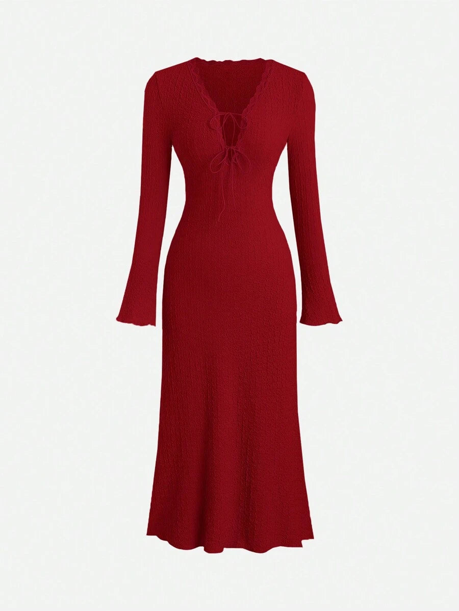 SHEIN Sweetra فستان ماكسي طويل برقبة باللون البرغندي