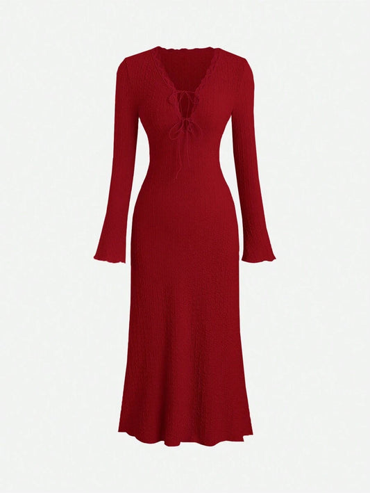 SHEIN Sweetra فستان ماكسي طويل برقبة باللون البرغندي