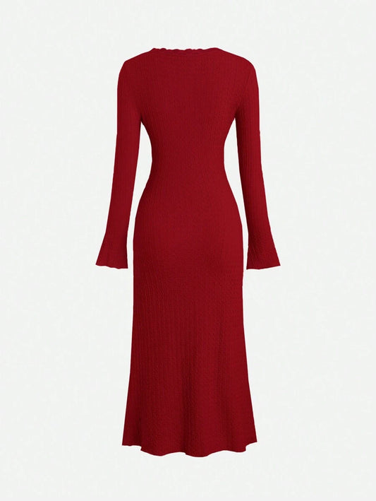 SHEIN Sweetra فستان ماكسي طويل برقبة باللون البرغندي