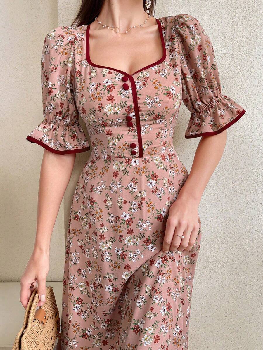 SHEIN Modelyn فستان ماكسي وردي مطرز بالزهور