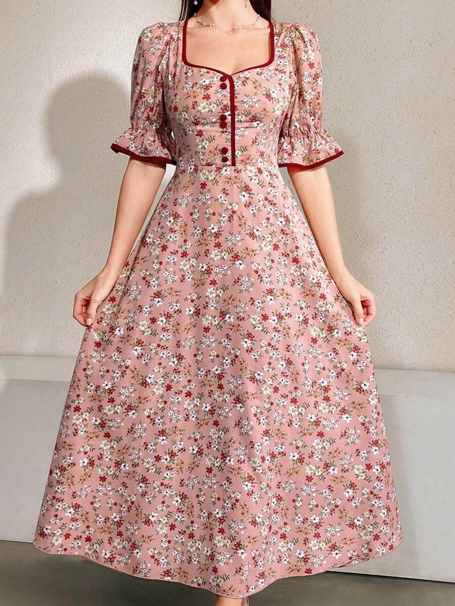 SHEIN Modelyn فستان ماكسي وردي مطرز بالزهور