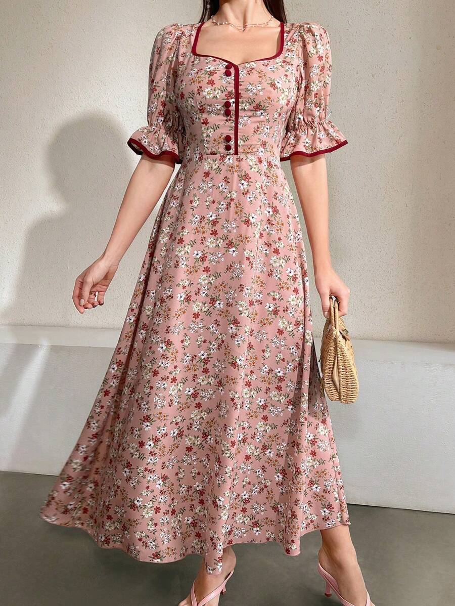 SHEIN Modelyn فستان ماكسي وردي مطرز بالزهور