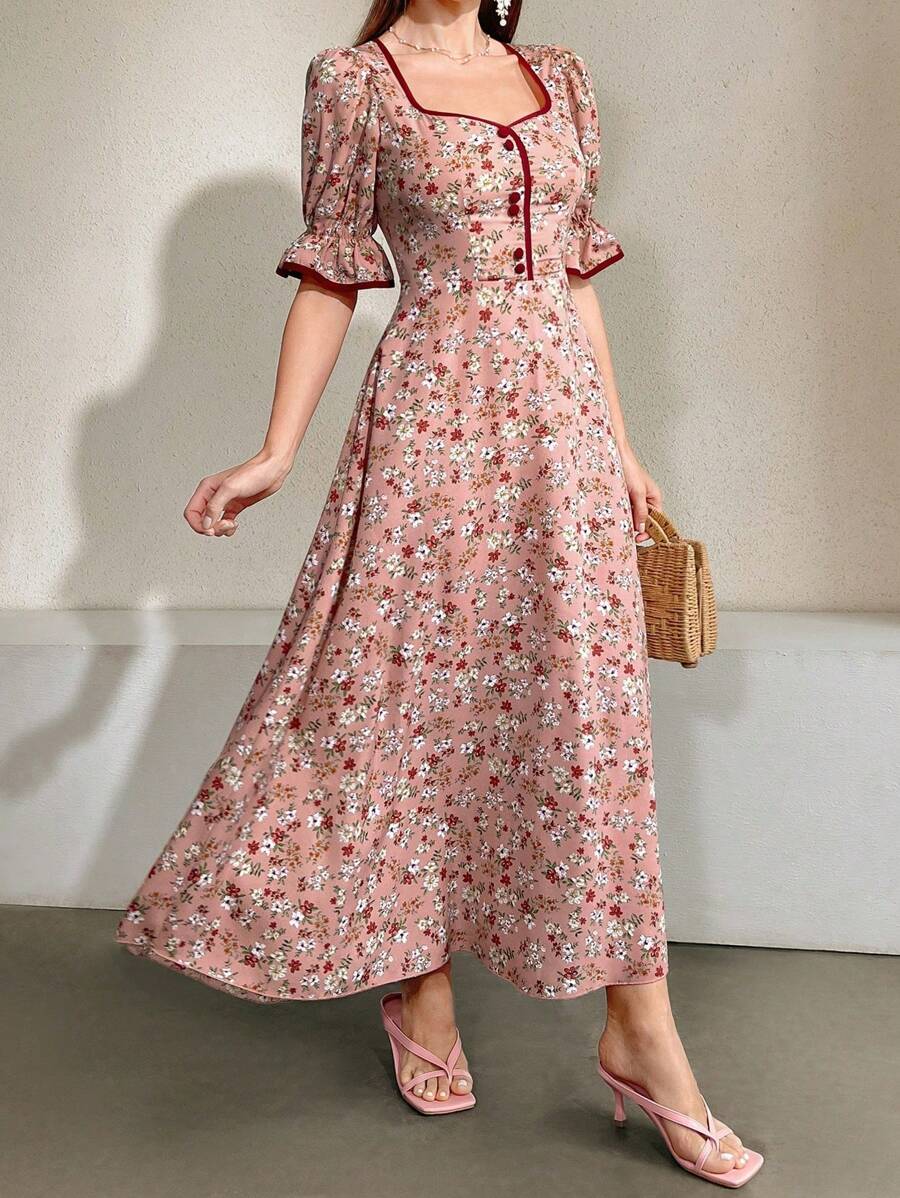 SHEIN Modelyn فستان ماكسي وردي مطرز بالزهور