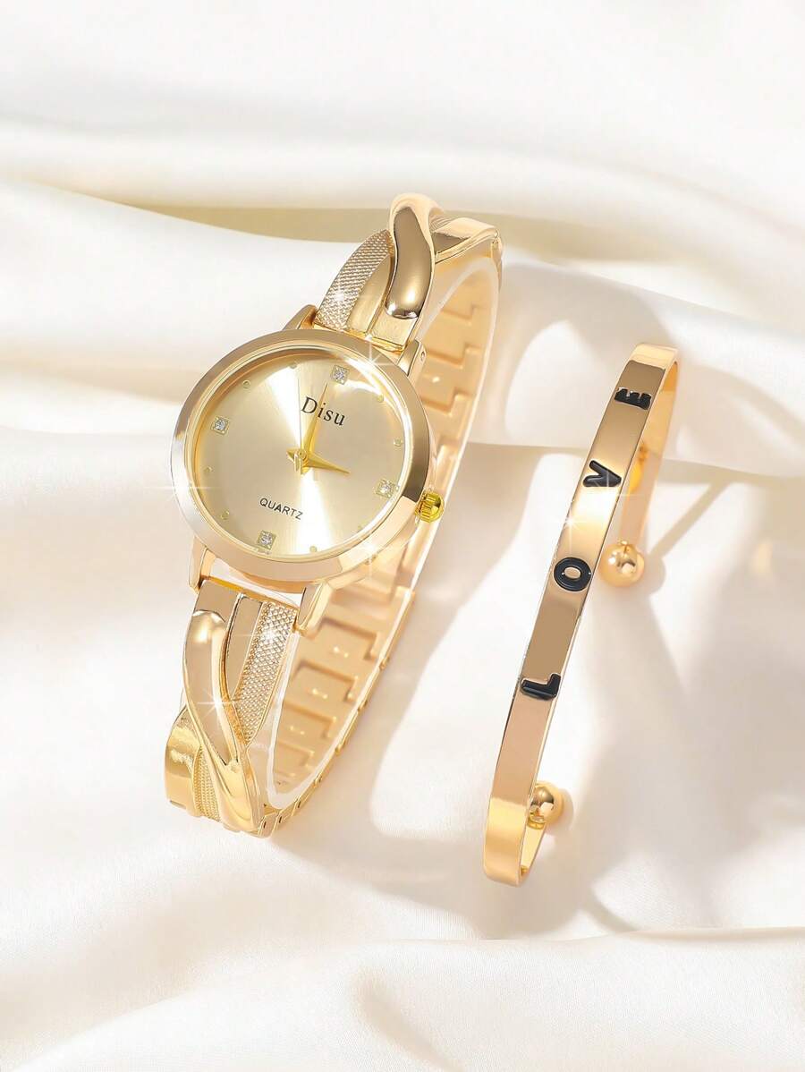 SHEIN DISU ساعة نسائية كوارتز ذهبي ماس مع سوار حب
