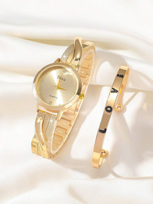 SHEIN DISU ساعة نسائية كوارتز ذهبي ماس مع سوار حب