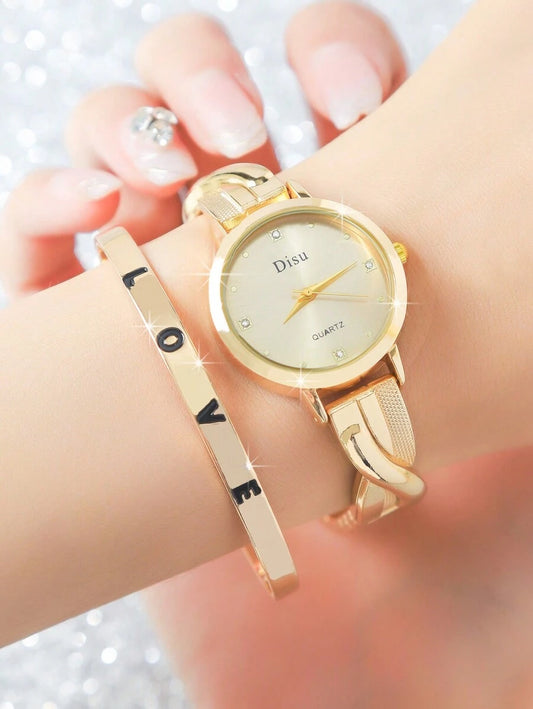 SHEIN DISU ساعة نسائية كوارتز ذهبي ماس مع سوار حب