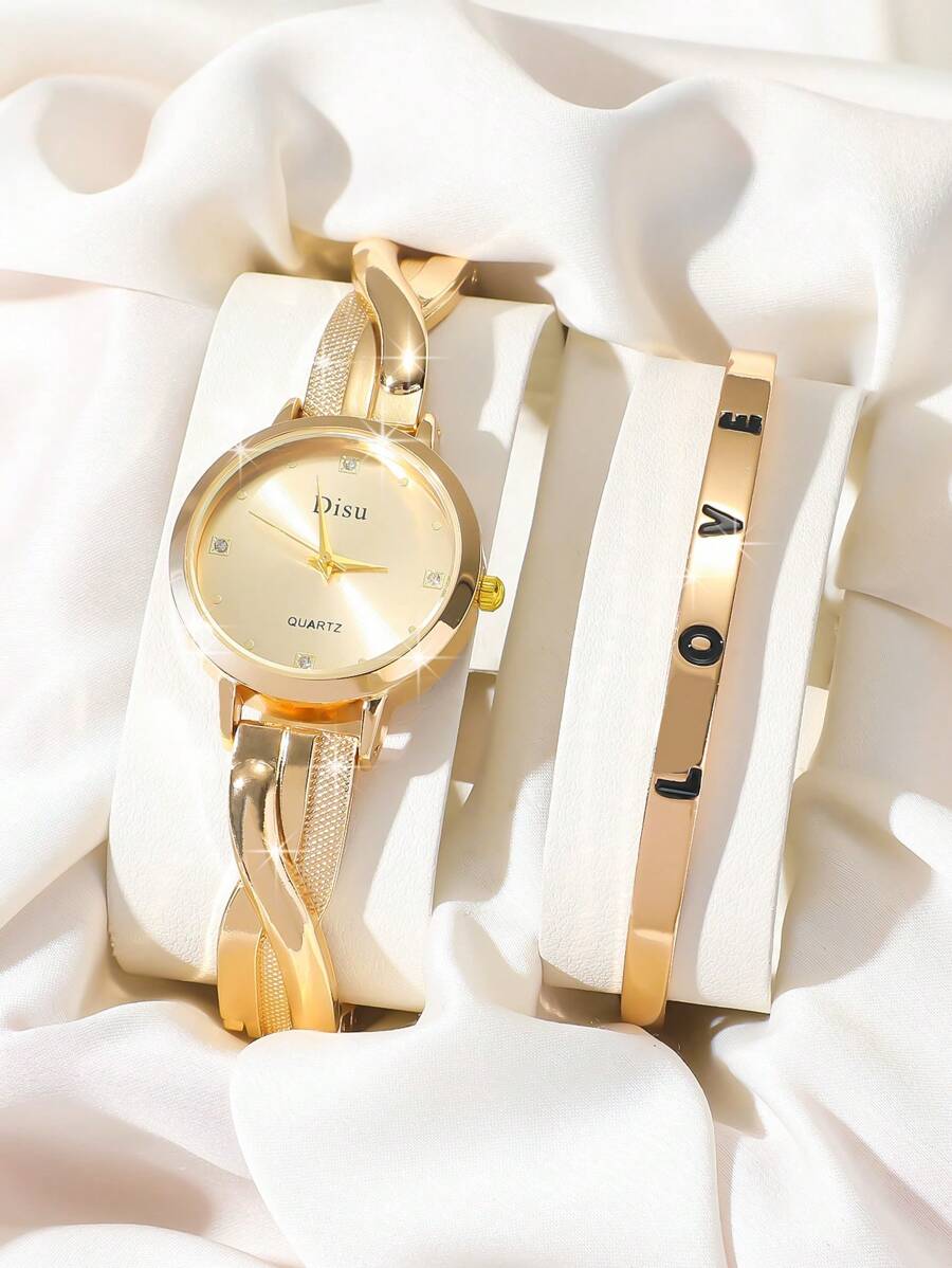 SHEIN DISU ساعة نسائية كوارتز ذهبي ماس مع سوار حب