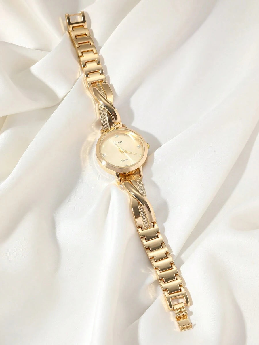 SHEIN DISU ساعة نسائية كوارتز ذهبي ماس مع سوار حب