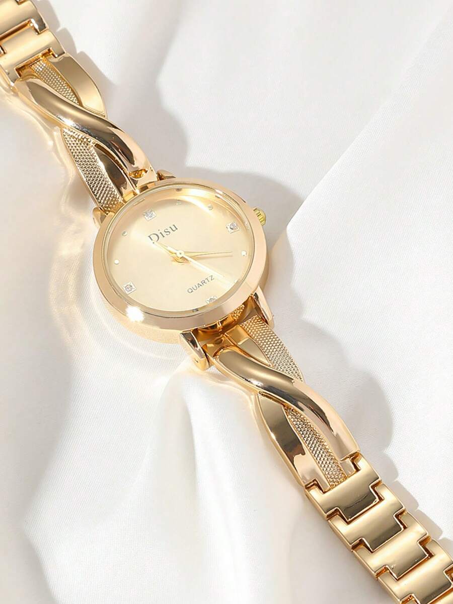 SHEIN DISU ساعة نسائية كوارتز ذهبي ماس مع سوار حب