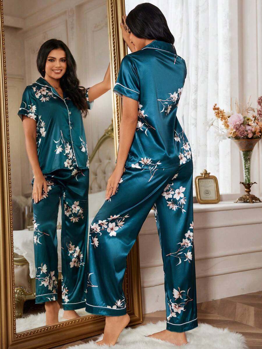 Shein LuxeNights مجموعة بيجاما قصيرة الأكمام بحواف متضاربة وبنطلون طويل مطبوع على الحرير الصناعي للصيف