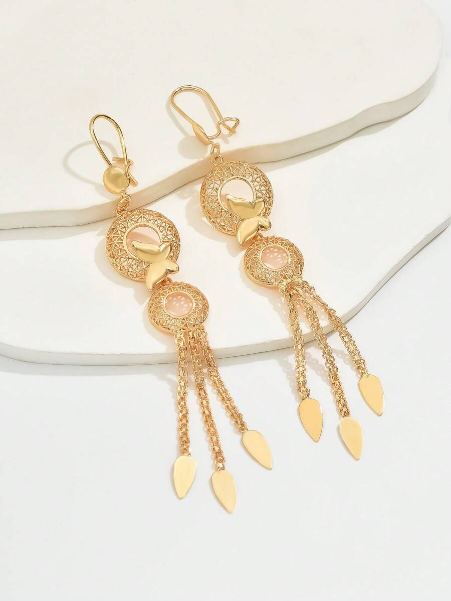 SHEIN زوج أقراط مزدوجة مفرغة مع شرابة