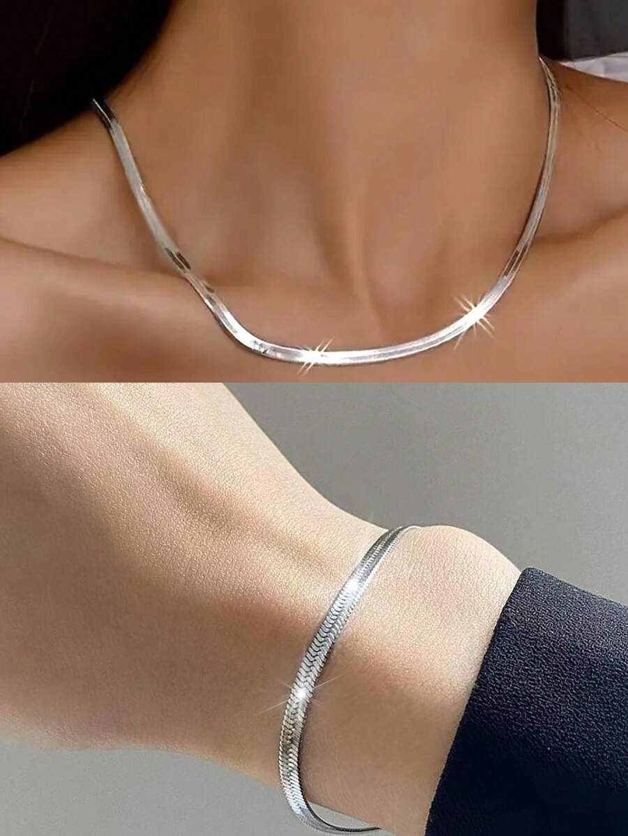 SHEIN طقم سلسلة وسوار فولاذ بتصميم عظم ثعبان