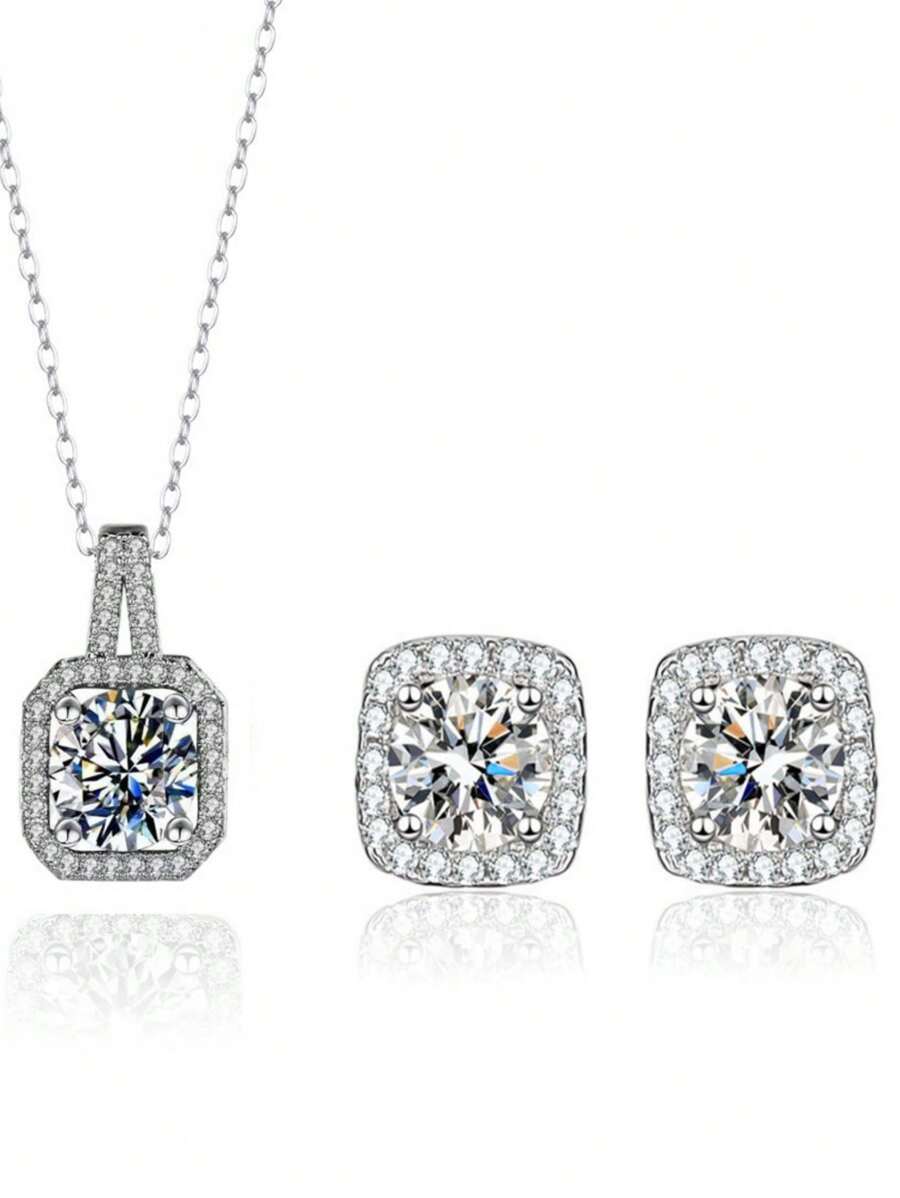 SHEIN مجموعة مجوهرات 4 قطع فضية بأقراط قلادة وخاتم