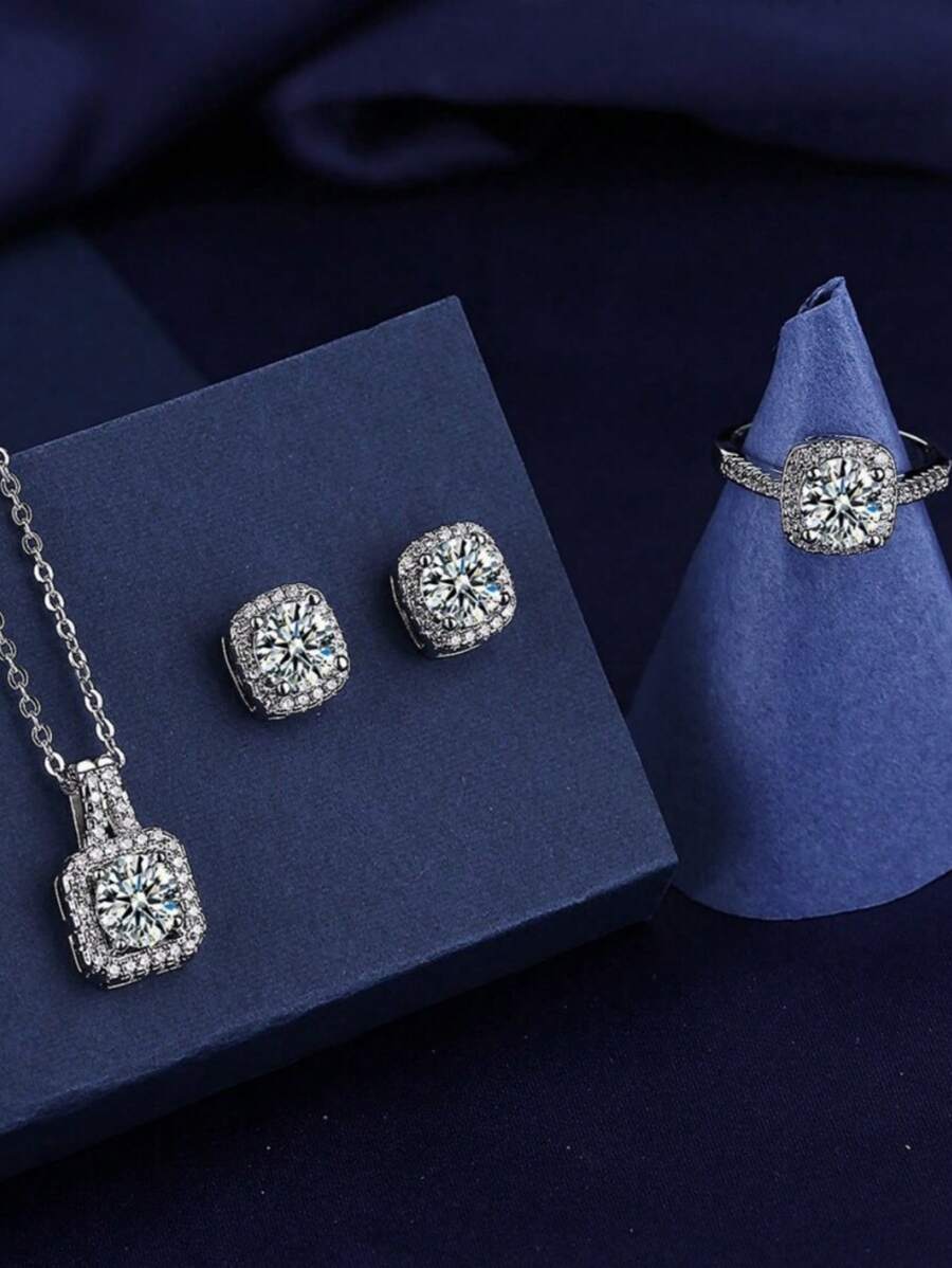 SHEIN مجموعة مجوهرات 4 قطع فضية بأقراط قلادة وخاتم