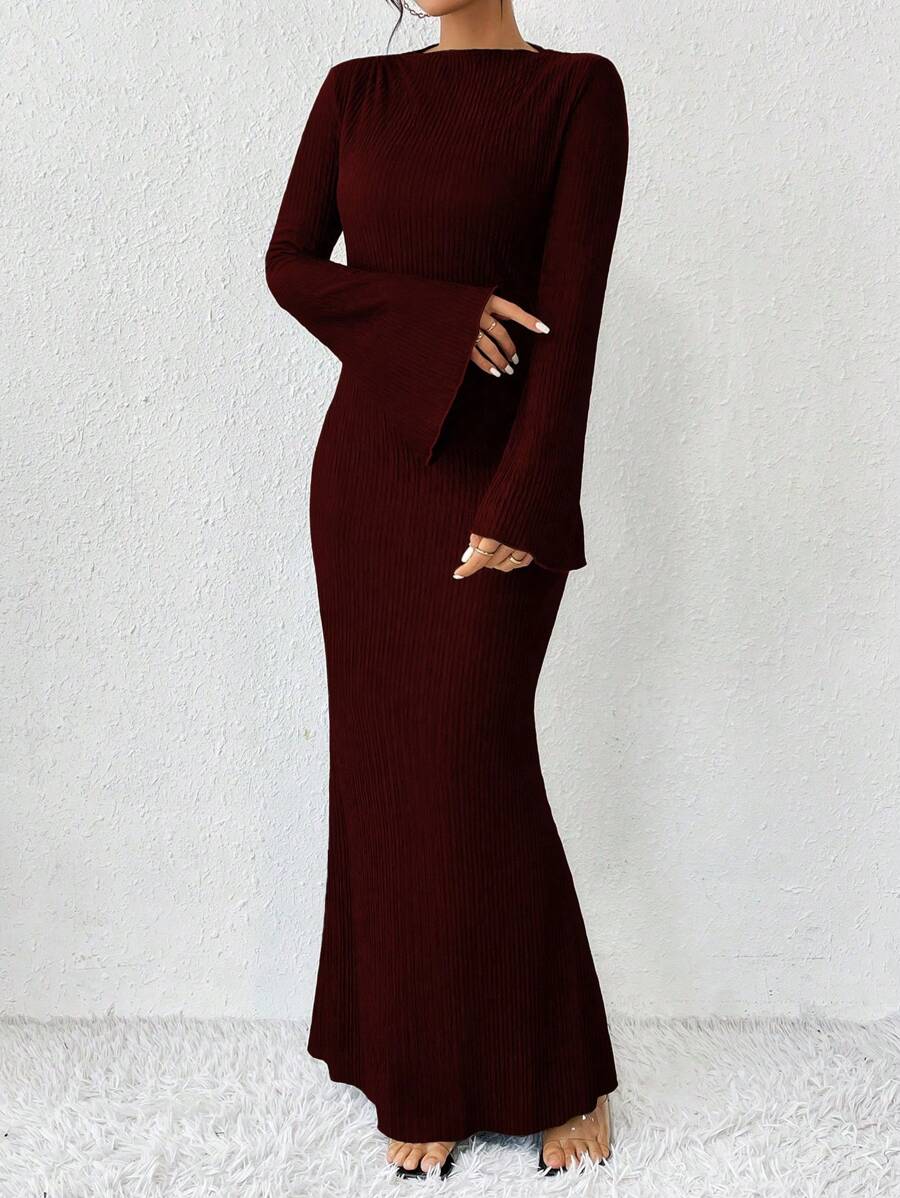 SHEIN RosyDaze فستان طويل بأكمام جرس وياقة مرتفعة