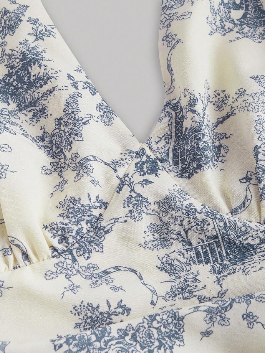 SHEIN MOD فستان بطباعة خزف أزرق وأبيض