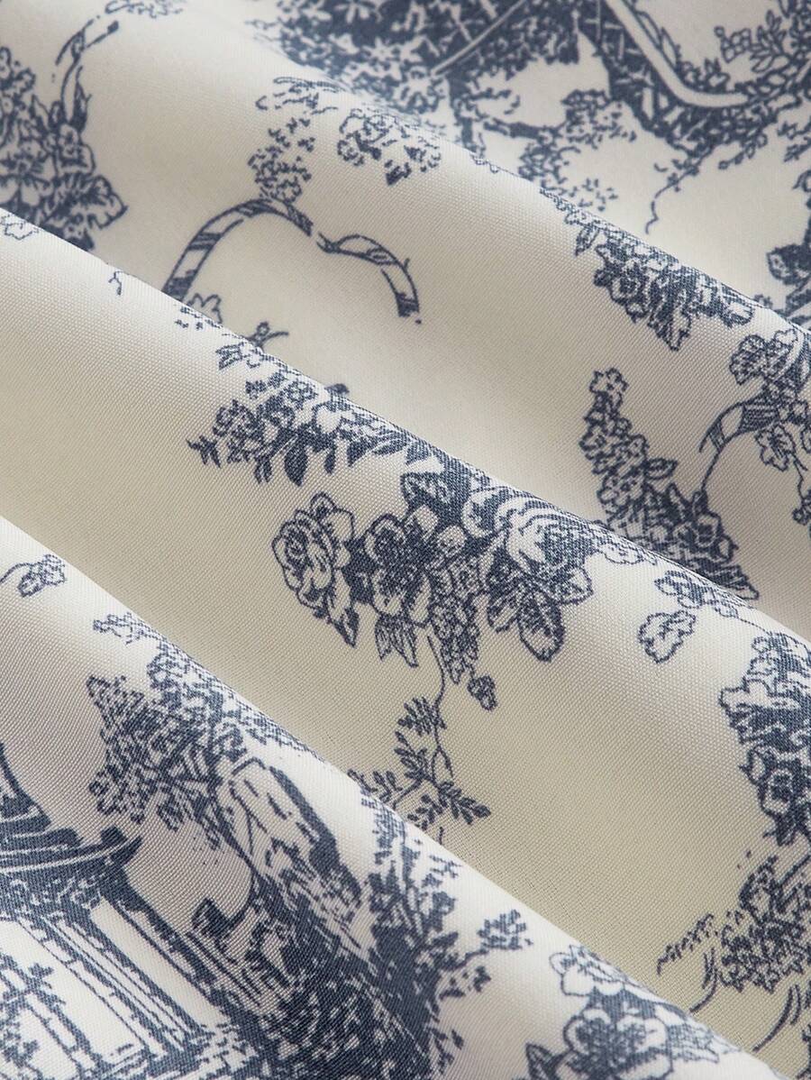 SHEIN MOD فستان بطباعة خزف أزرق وأبيض