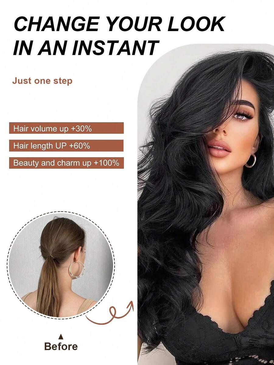 SHEIN إكستنشن شعر اصطناعي مموج طويل 20 بوصة أسود بمشبك