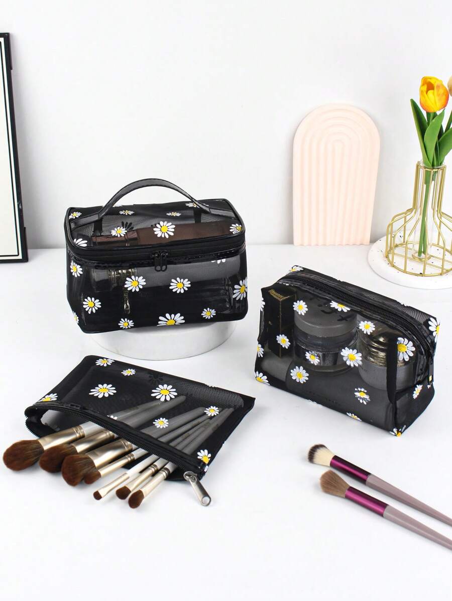 SHEIN طقم 3 حقائب مكياج شبكية شفافة بسعة كبيرة