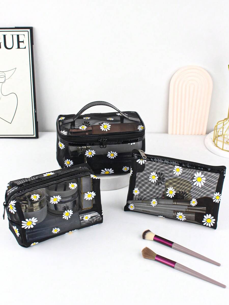 SHEIN طقم 3 حقائب مكياج شبكية شفافة بسعة كبيرة