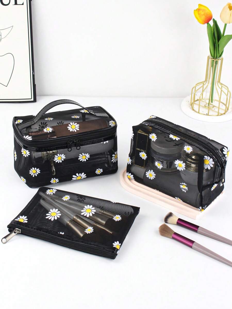 SHEIN طقم 3 حقائب مكياج شبكية شفافة بسعة كبيرة