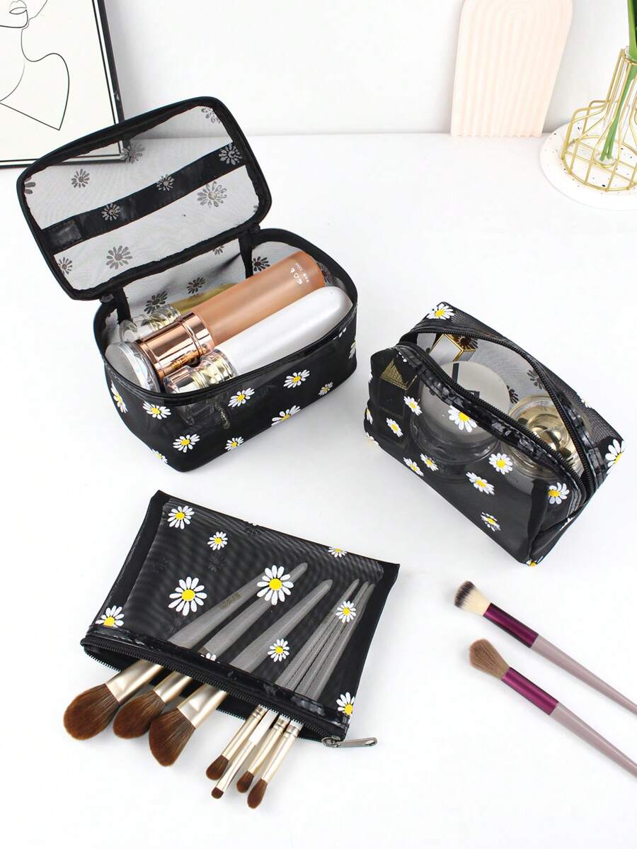 SHEIN طقم 3 حقائب مكياج شبكية شفافة بسعة كبيرة