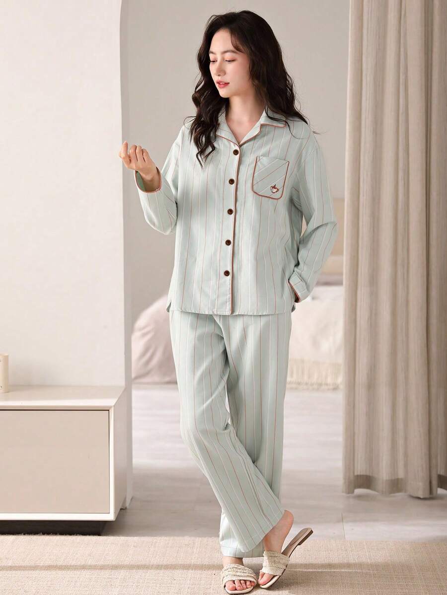 SHEIN AICJ بيجاما نسائية 2 قطعة مخططه ومريحة