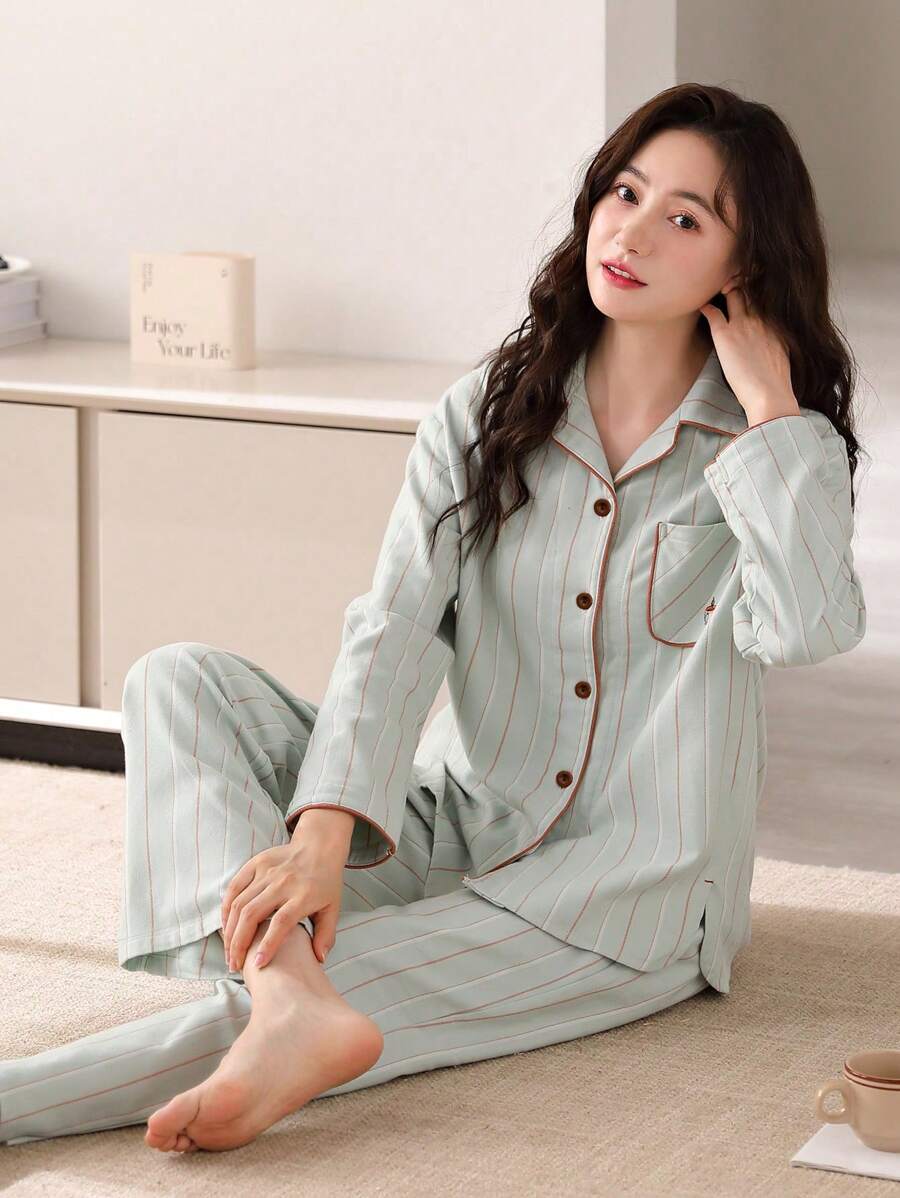 SHEIN AICJ بيجاما نسائية 2 قطعة مخططه ومريحة